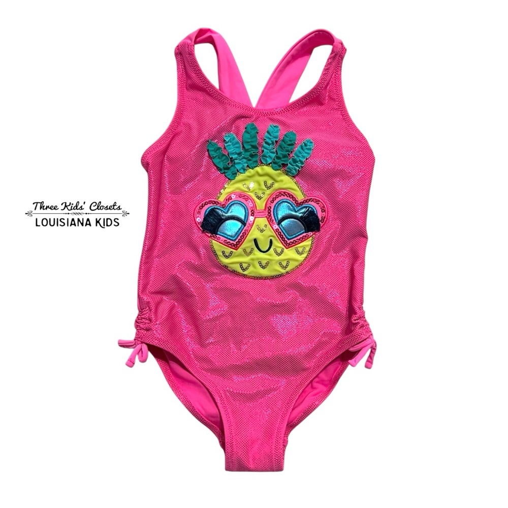 Flapdoodles 5Y Metallic Pink Pineapple Appliqué Swimsuit Bathing Suit